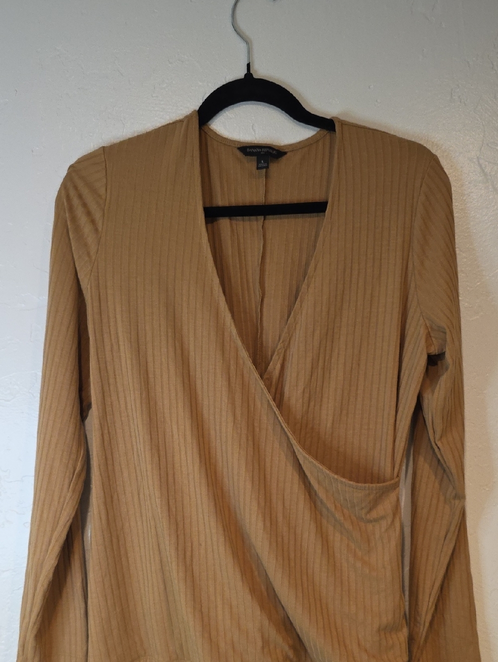 Banana Republic Ribbed Wrap-Front Long Sleeve Top in Camel